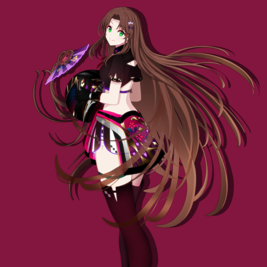 Art of Sima holding a helmet and wearing a race queen outfit