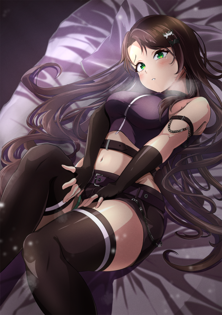 Art of Sima laying on a bed looking at the viewer