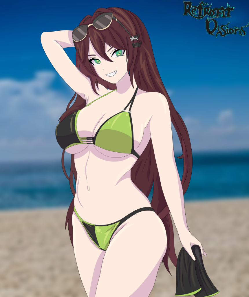 Art of Sima on a beach wearing a green and black bikini