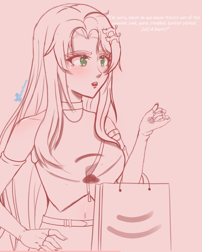 Art of Sima holding a shopping bag, saying "I'm sorry, what do you mean they're out of the popular, pink, studded, leather plated, 2024 boots?"